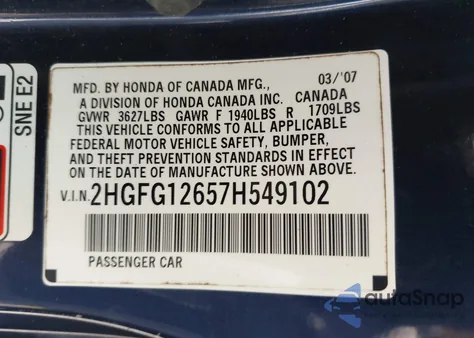 2007 Honda Civic Lx из США, поврежденный, VIN 2HGFG12657H549102